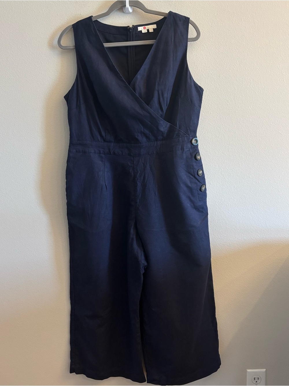 Boden Jumpsuit Womens 12 Petite Navy Blue Linen Blend Sleeveless Wide Leg
